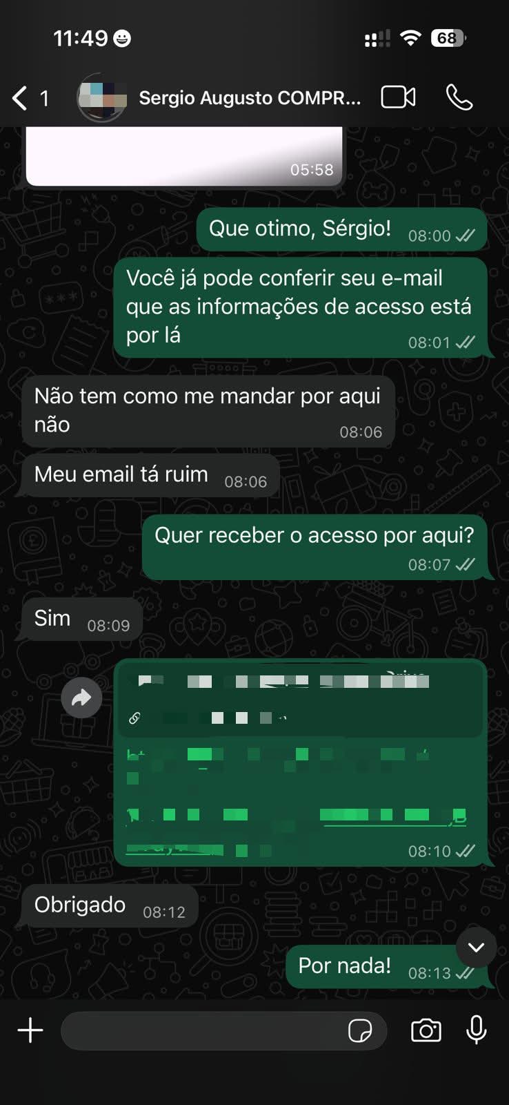 Depoimento de cliente recebendo acesso pelo WhatsApp